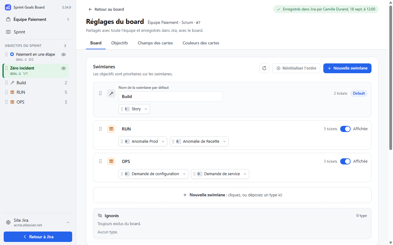 Réglages des swimlanes et affectation des types